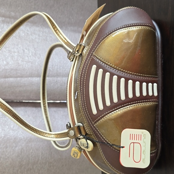 NWT Vintage Alaluna 1990s Brown & Tan Leather Football Retro Rare Y2K Mini Bag - Picture 1 of 9